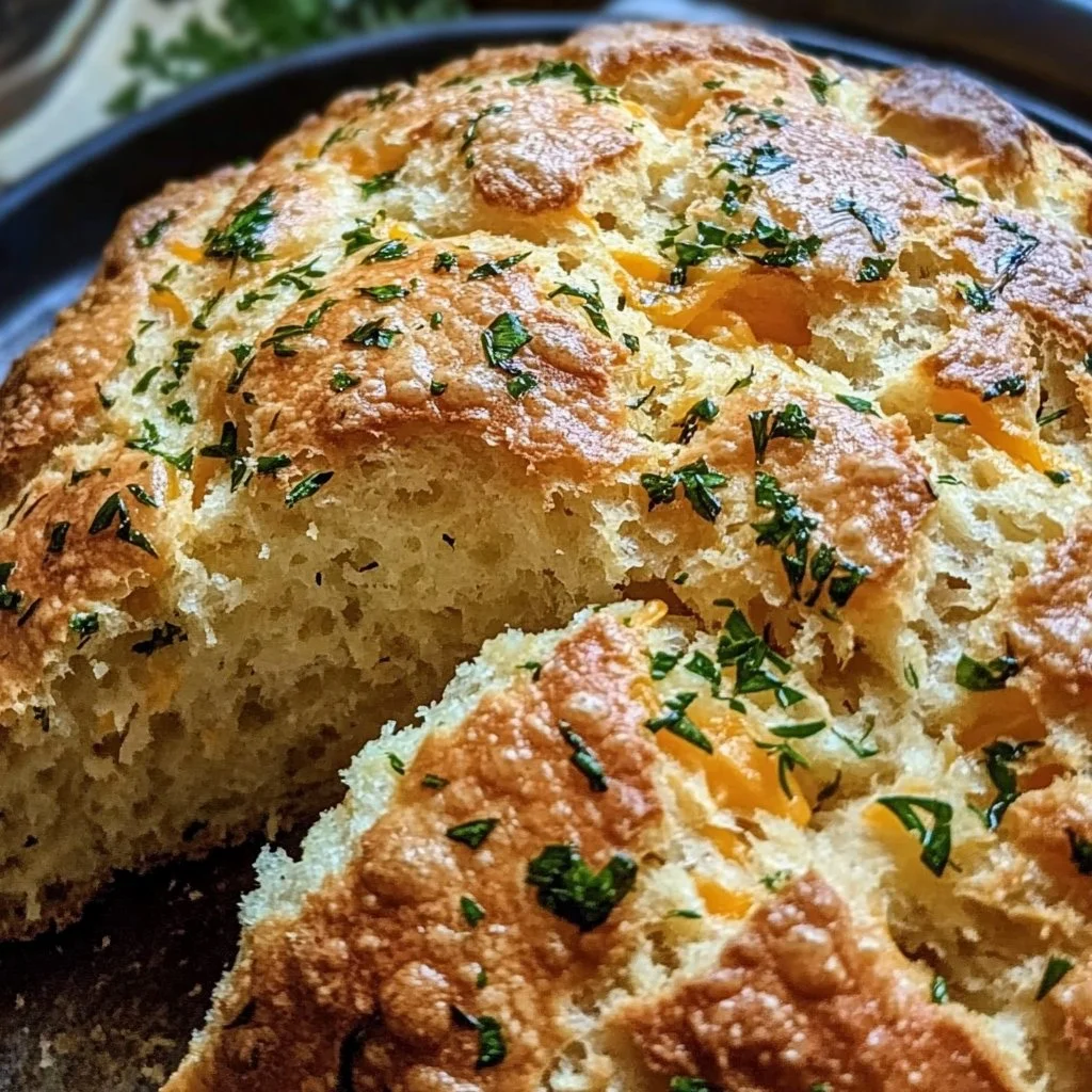 Freshly baked Cheddar Herb Soda Bread with herbs and cheese.