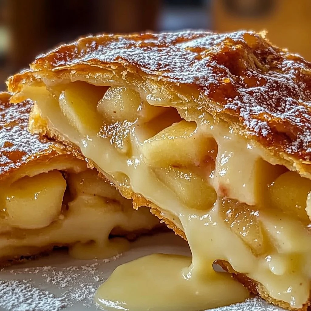 Delicious cheesecake stuffed apple pies on a rustic wooden table