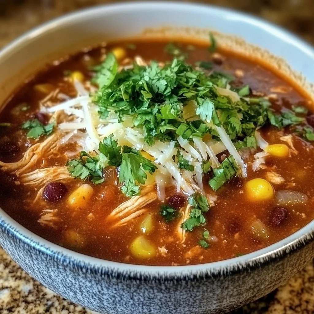 Bowl of tasty homemade chicken enchilada soup topped with cheese and avocado