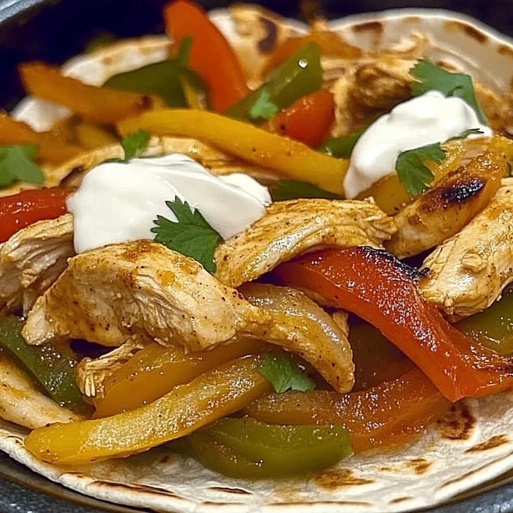 Delicious chicken fajitas with colorful peppers and onions served on a plate.