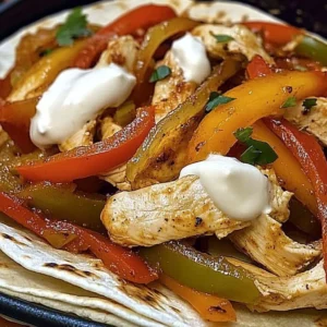 Delicious chicken fajitas served with peppers and onions on a plate