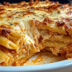 Deliciously layered Chicken Parmesan Pasta Casserole fresh out of the oven