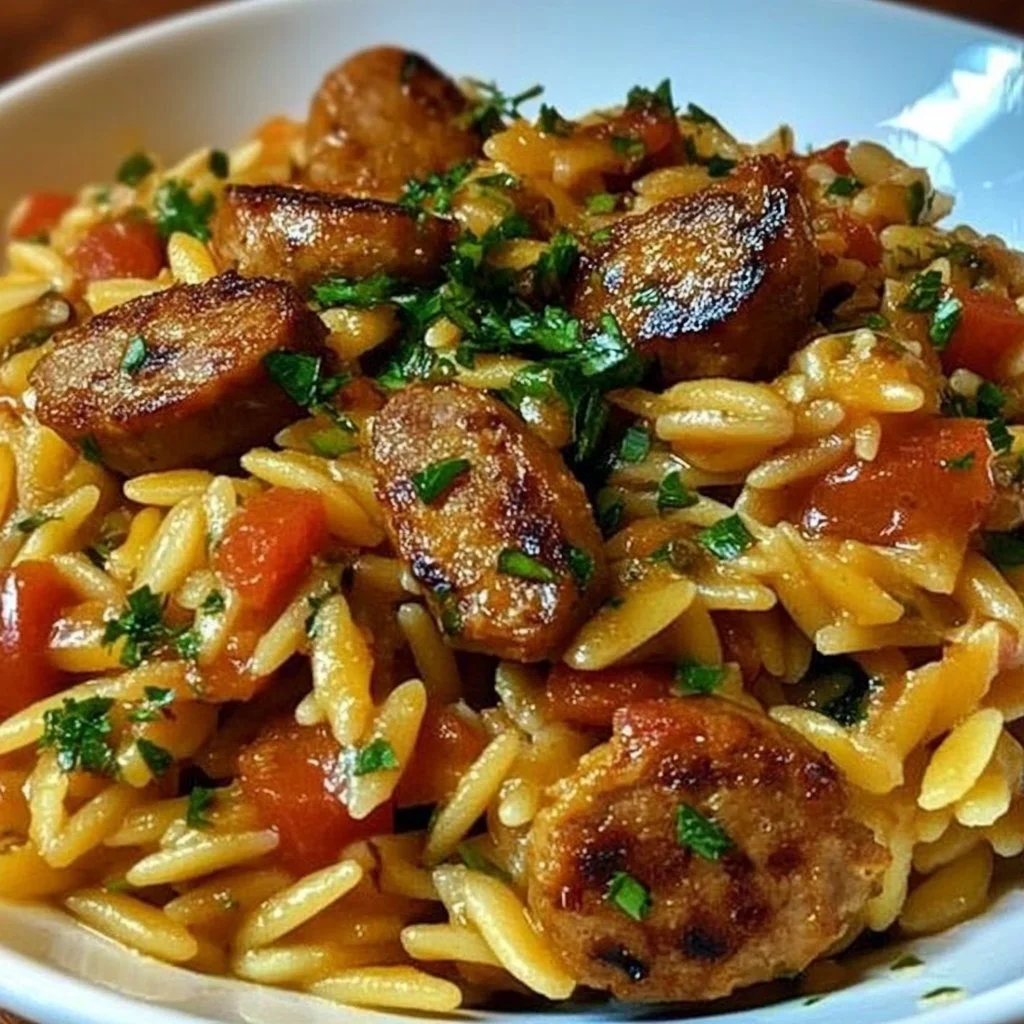Delicious Chicken Sausage Orzo dish served in a bowl with fresh herbs.