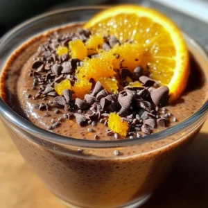 Bowl of Chocolate Orange Chia Pudding garnished with orange slices and chocolate flakes