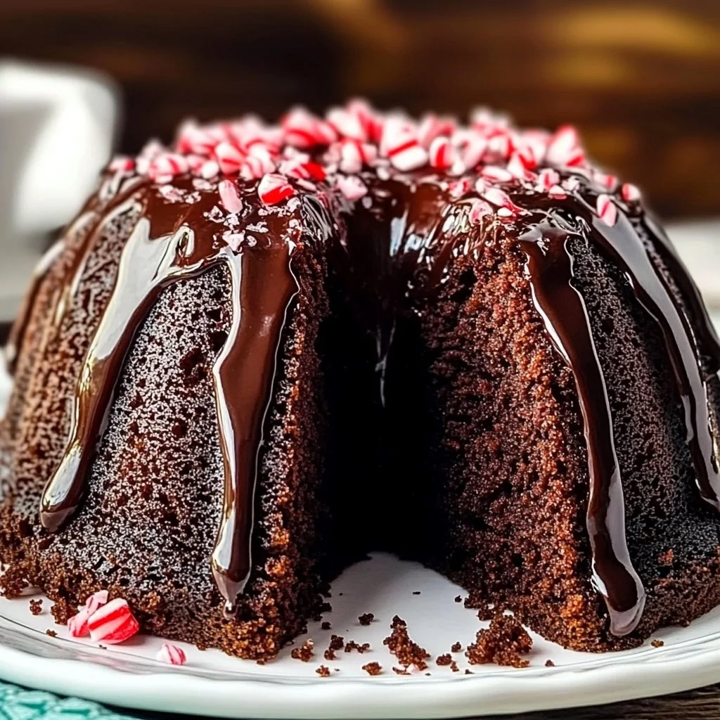 Delicious homemade Chocolate Peppermint Bundt Cake topped with festive decorations