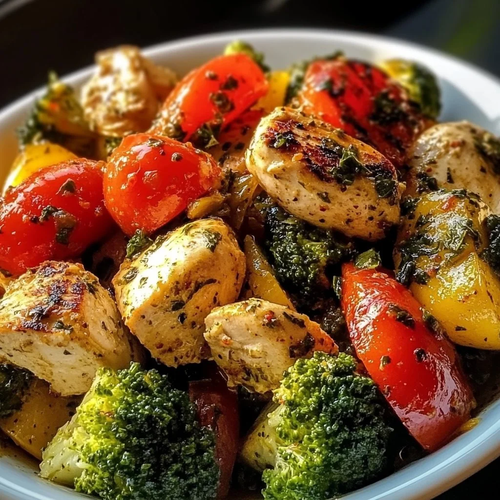 Colorful chicken dish beautifully arranged with vegetables and herbs