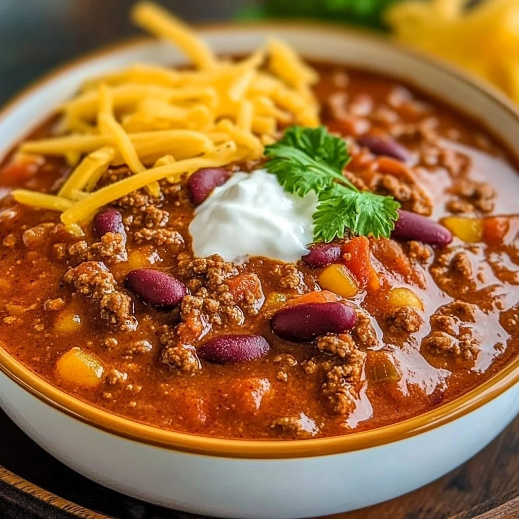 Bowl of homemade Copycat Wendy's Chili garnished with herbs and spices.