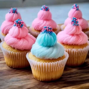 Delicious cotton candy cupcakes topped with fluffy frosting and colorful sprinkles