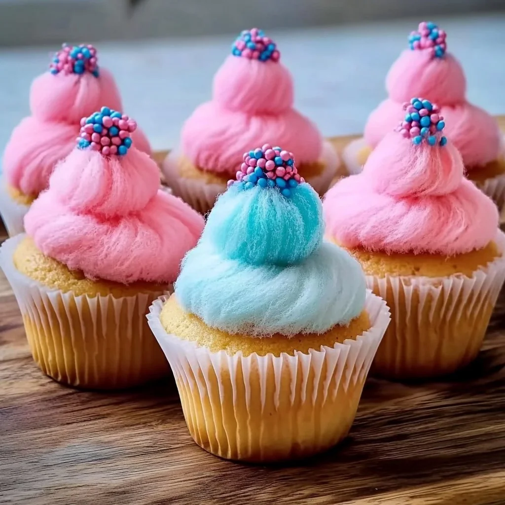 Delicious cotton candy cupcakes topped with fluffy frosting and colorful sprinkles