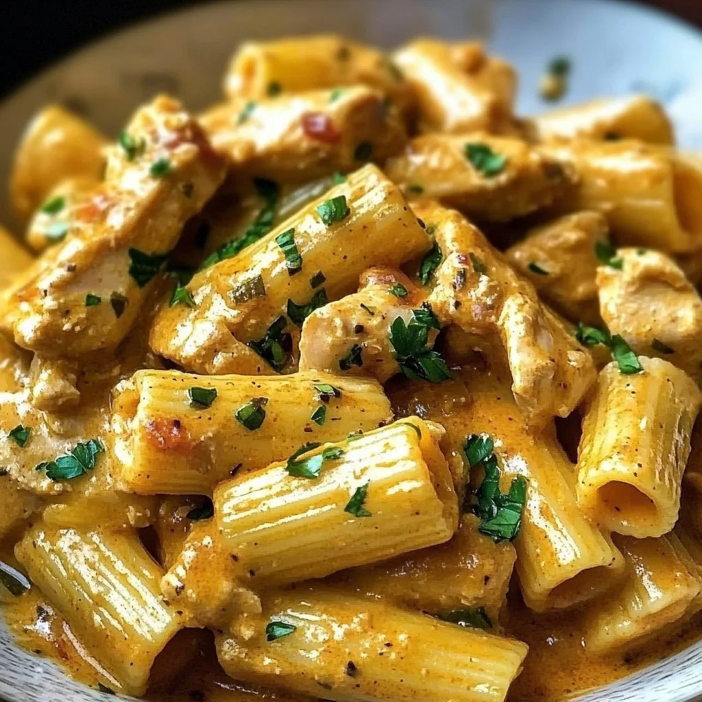 A delicious serving of Cowboy Butter Chicken Pasta topped with herbs and spices