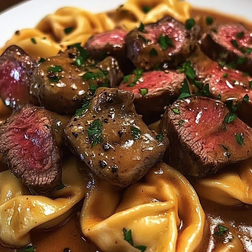 Delicious Cowboy Butter Steak Tortellini served in a bowl with fresh herbs
