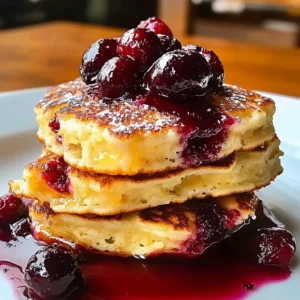Stack of cranberry orange ricotta pancakes topped with fresh cranberries and syrup
