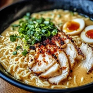 Bowl of creamy garlic chicken ramen topped with green onions