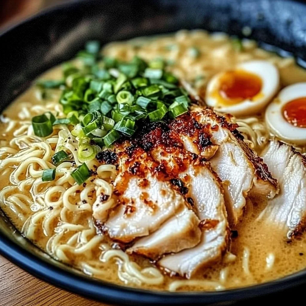 Bowl of creamy garlic chicken ramen topped with green onions