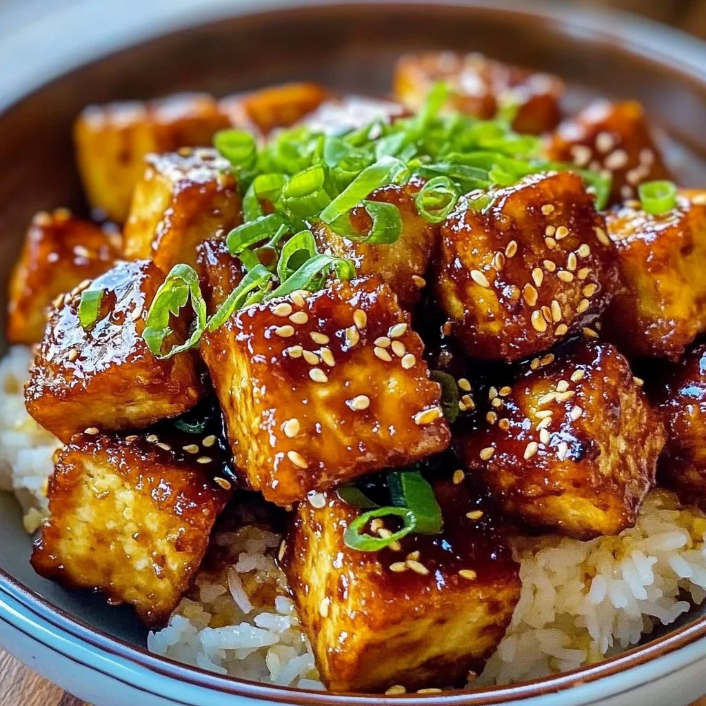 Crispy honey garlic tofu served with vegetables on a plate