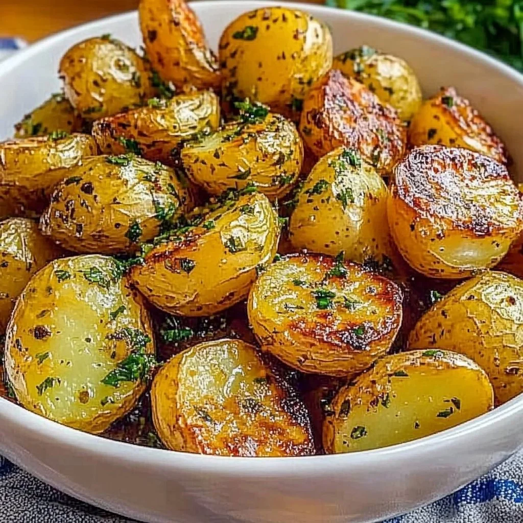 Crispy oven roasted baby potatoes served in a rustic bowl