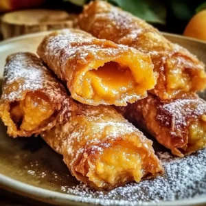 Crispy peach cobbler egg rolls served on a plate with fresh peaches