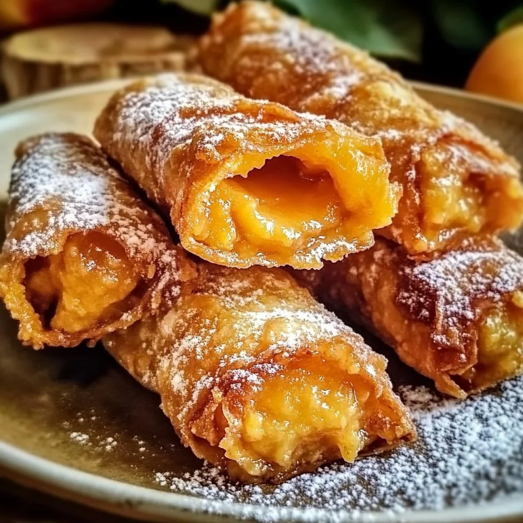 Crispy peach cobbler egg rolls served on a plate with fresh peaches