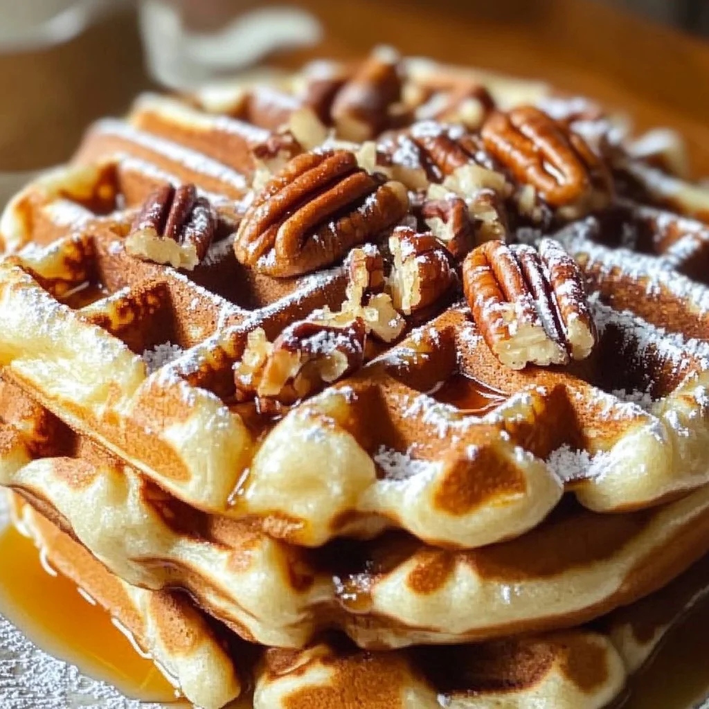 Crispy pecan waffles with maple drizzle served on a plate
