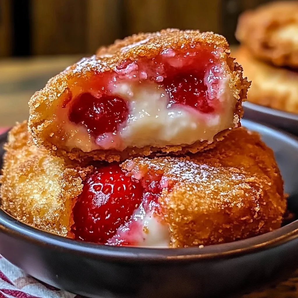 Deep-fried strawberry cheesecake pies with a crispy crust and delicious filling