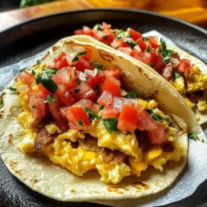 Plate of delicious breakfast tacos with eggs, cheese, and fresh toppings
