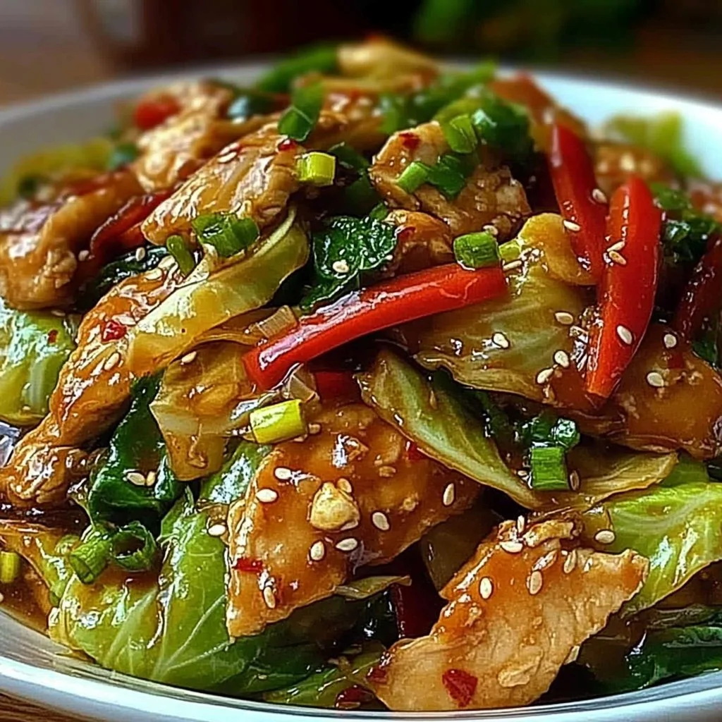 Easy Chinese chicken cabbage stir fry dish served on a plate
