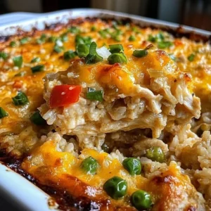 Delicious chicken rice casserole ready to serve on a dinner table.