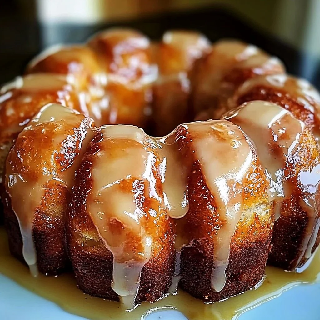 Homemade monkey bread with vanilla glaze on a wooden platter