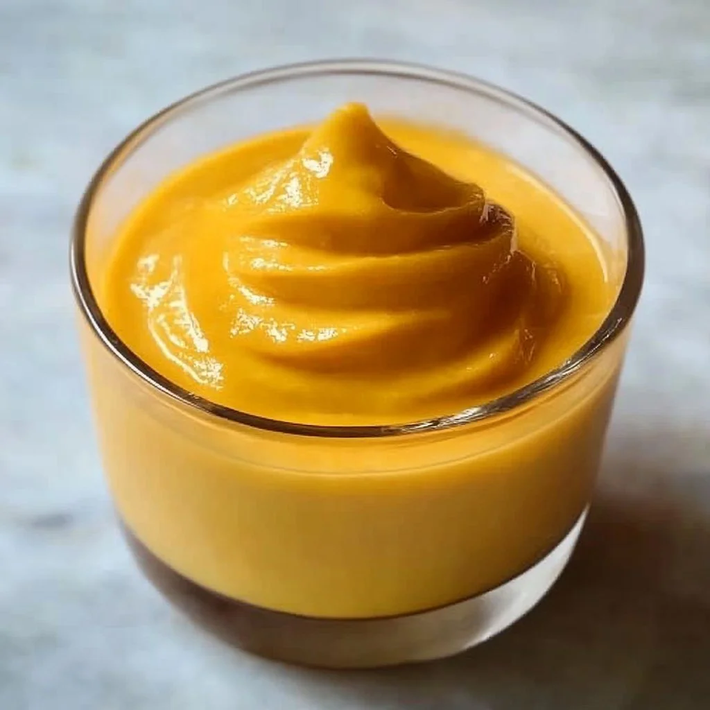 Delicious easy mango mousse served in a glass with mango slices on top
