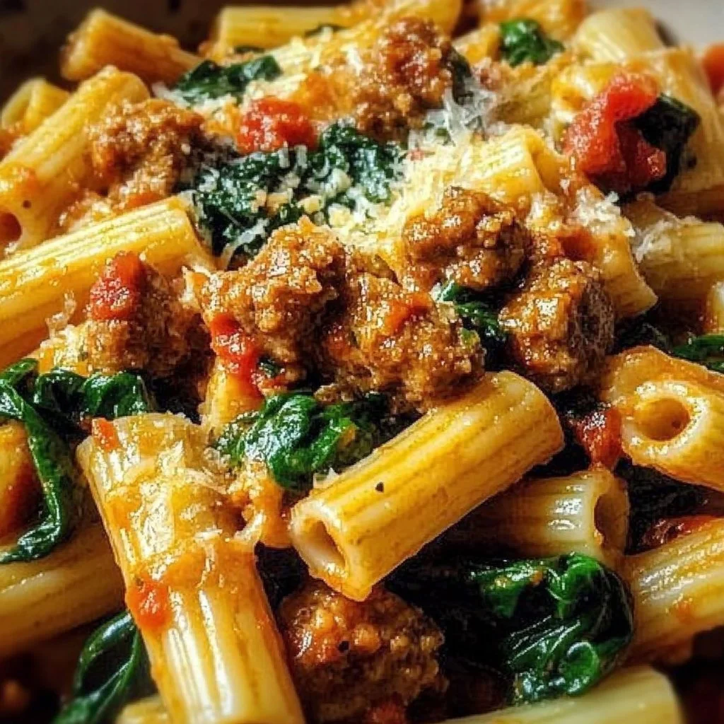 Easy sausage rigatoni with spinach in a delicious creamy sauce
