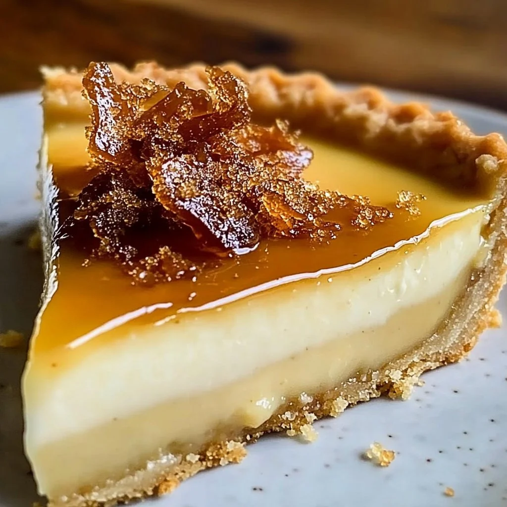 Eggnog Crème Tart topped with caramel shards for a festive holiday dessert.