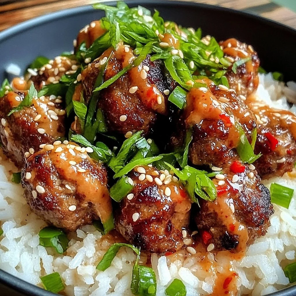 Firecracker meatballs served with coconut rice on a plate