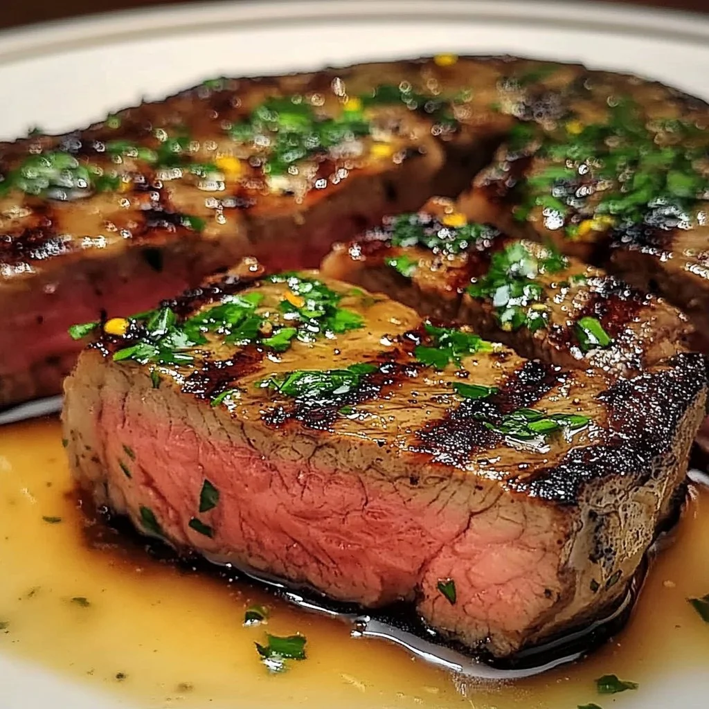 Juicy garlic butter steak garnished with herbs and served on a plate.