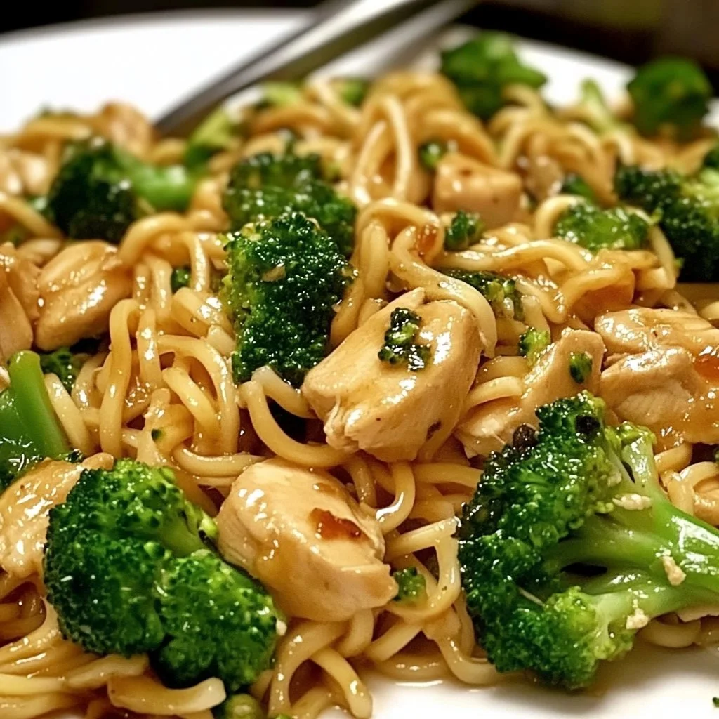 Garlic Chicken Broccoli Noodles served with fresh ingredients on a plate