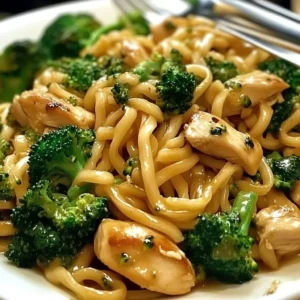 Delicious Garlic Chicken Broccoli Noodles served in a bowl with colorful veggies.