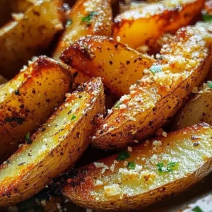 Delicious Garlic Parmesan Potato Wedges served on a plate