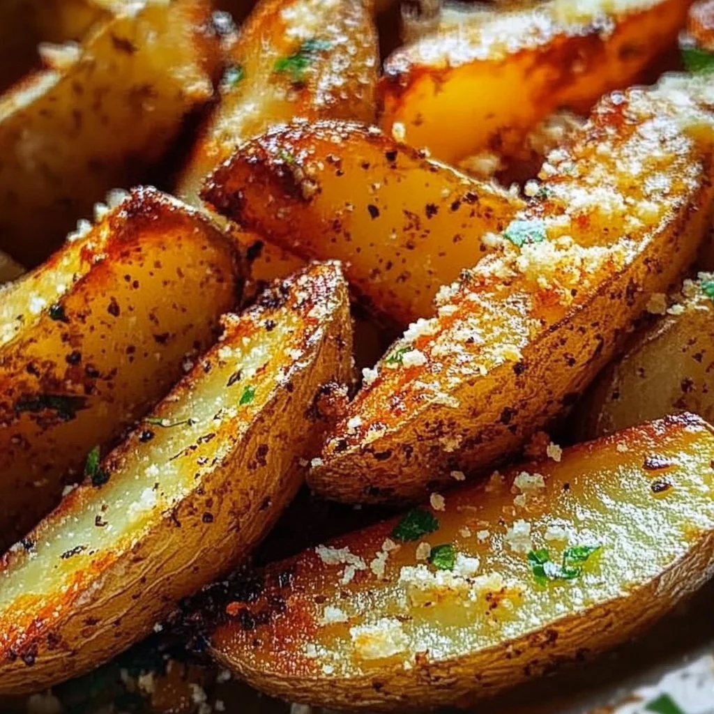 Delicious Garlic Parmesan Potato Wedges served on a plate