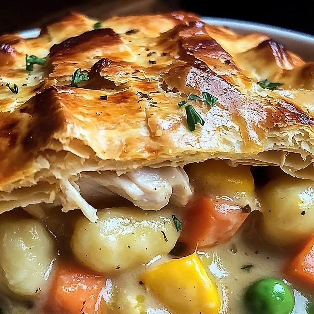 Gnocchi chicken pot pie served in a rustic dish, showcasing a comforting meal.