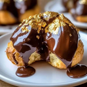 Gold-dusted chocolate profiteroles topped with creamy filling and chocolate sauce