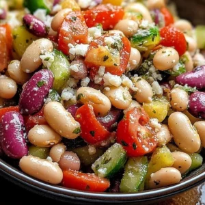 Greek Bean Salad featuring marinated beans, fresh vegetables, and herbs.