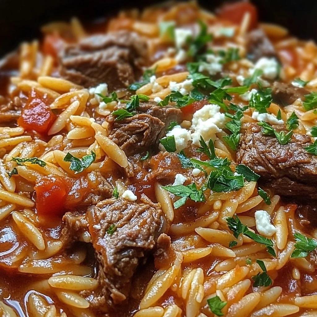 Plate of Greek Manestra Beef Orzo garnished with herbs