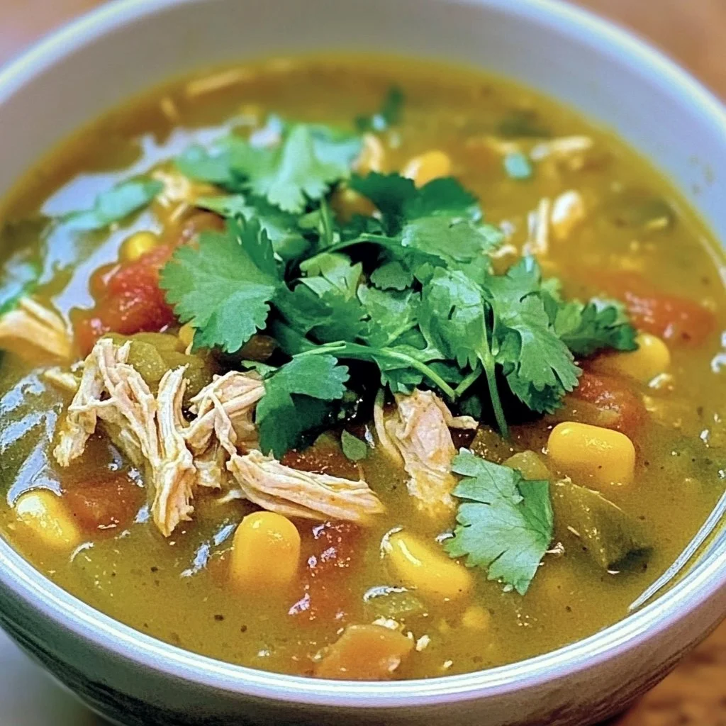 Bowl of Green Enchilada Chicken Soup garnished with cilantro and lime.