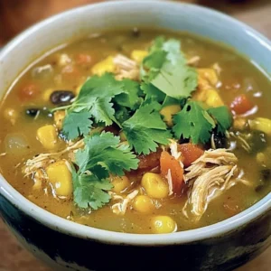 Bowl of Green Enchilada Chicken Soup topped with fresh cilantro and lime.