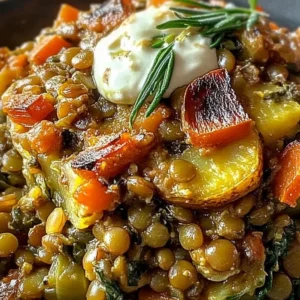 Baked green lentil and vegetable casserole served in a dish
