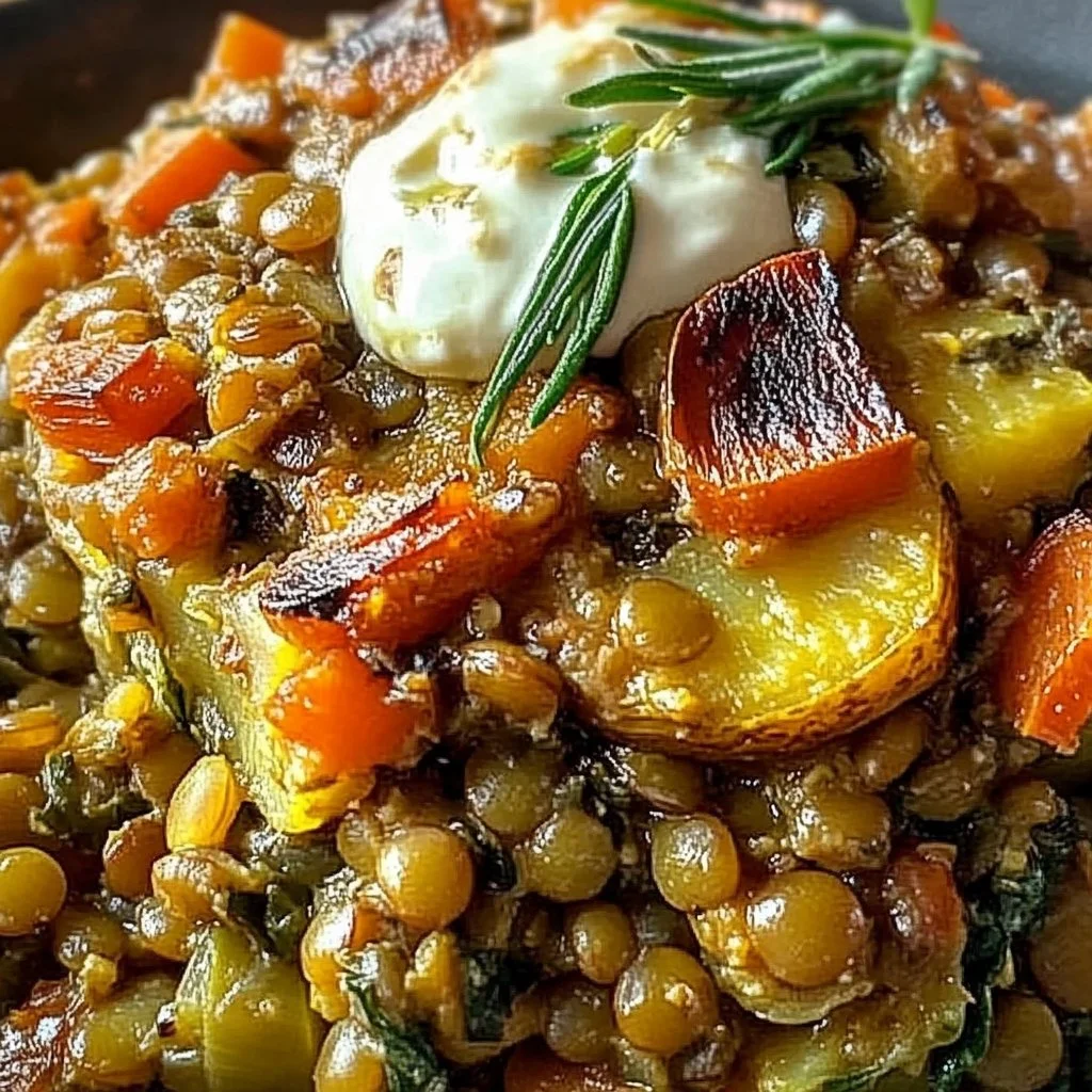 Baked green lentil and vegetable casserole served in a dish