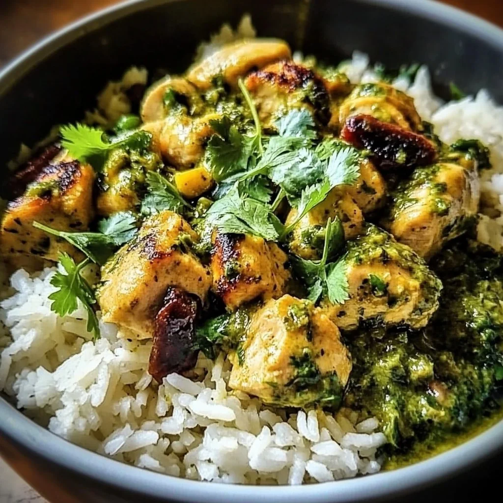 Green sauce chicken served with rice, garnished with fresh herbs.