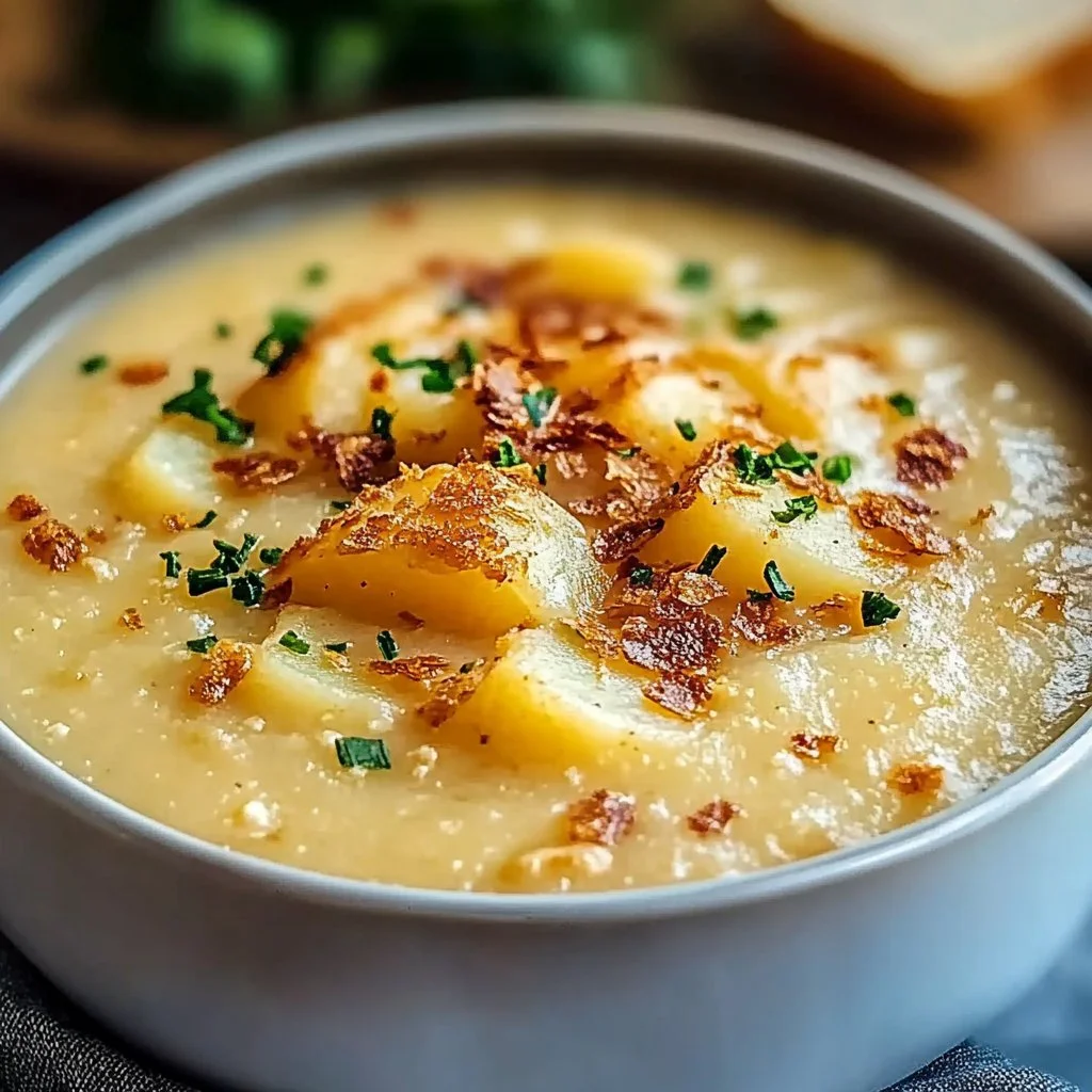 Delicious bowl of Hash Brown Potato Soup garnished with herbs