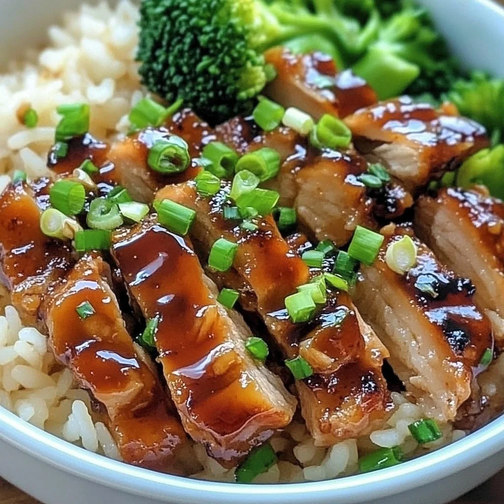 Delicious honey garlic pork rice bowl garnished with green onions
