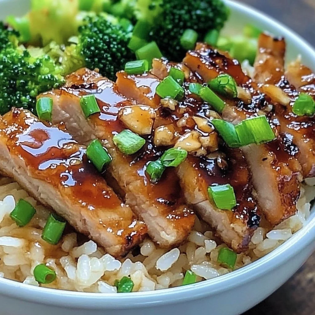 Honey Garlic Pork Rice Bowl garnished with fresh herbs