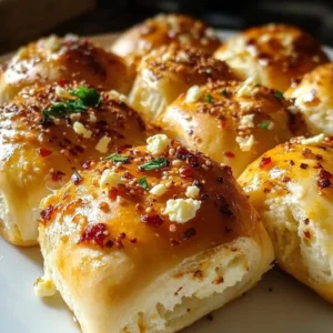 Plate of irresistible Feta Chili Honey Rolls garnished with chili flakes and honey drizzle.